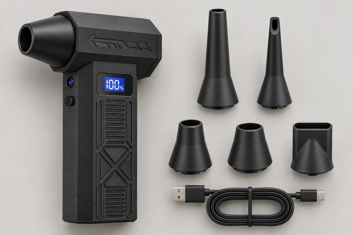 Mini Turbo Blower with five nozzle attachments and Type-C charging cable