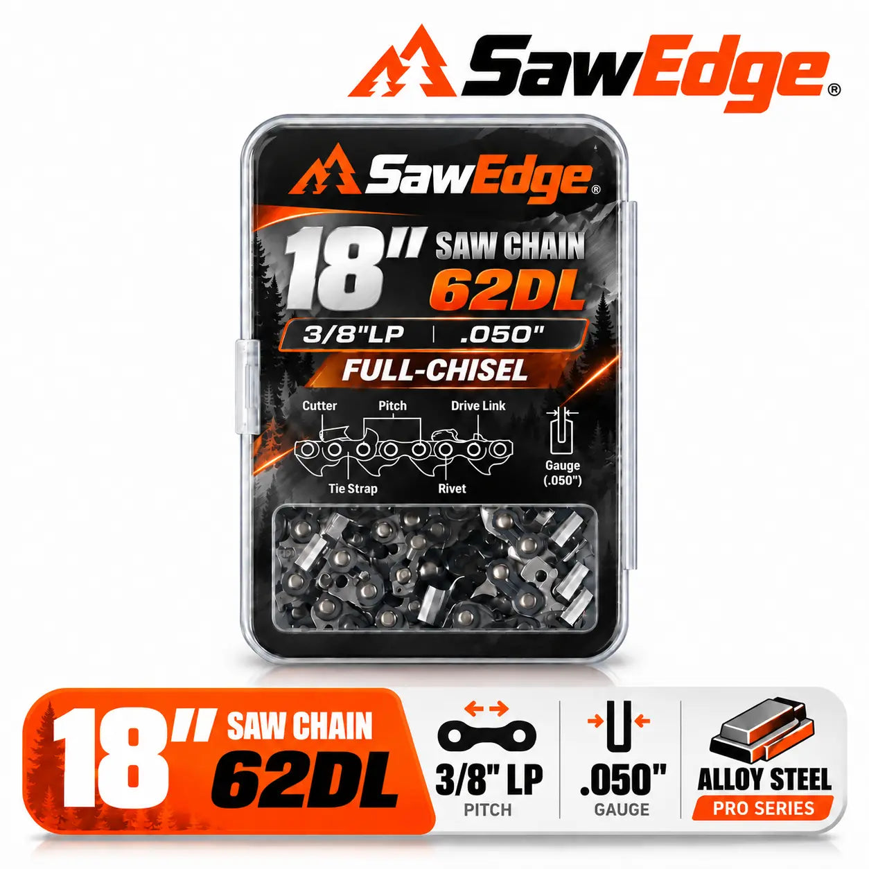 SawEdge PRO 18 inch 3/8 LP .050 62DL alloy steel chainsaw chain