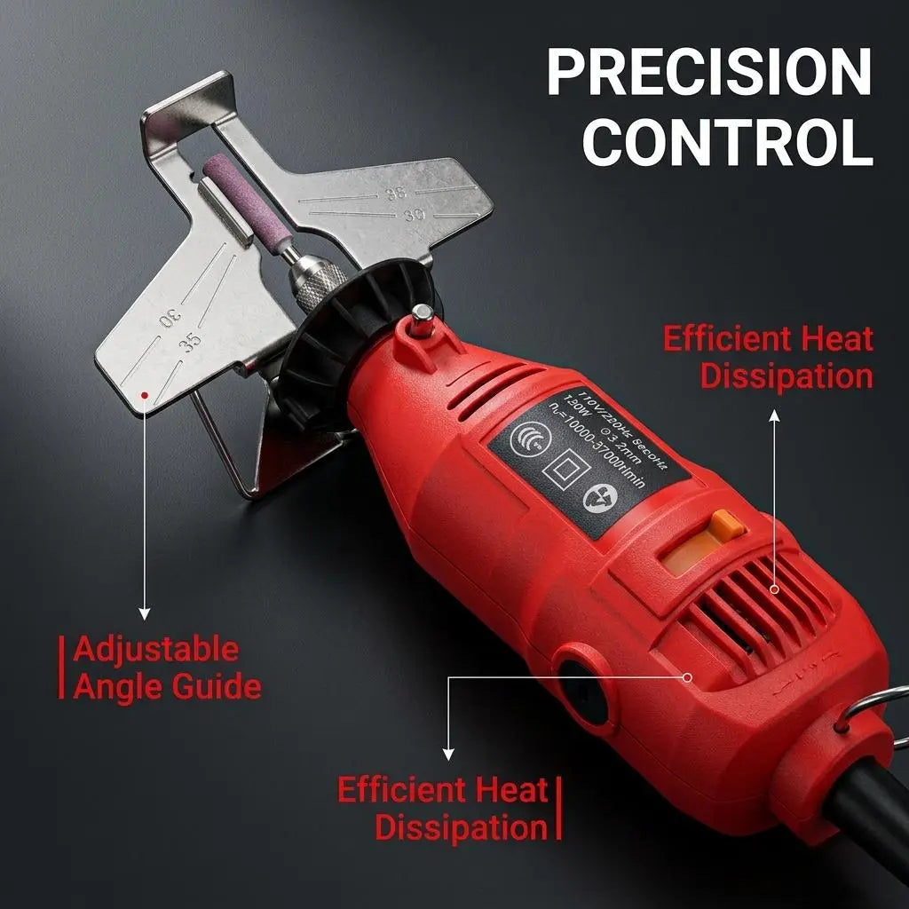 Electric chainsaw sharpener adjustable angle guide and heat dissipation