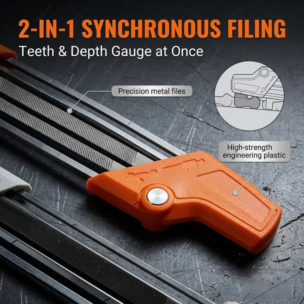 2-in-1 chainsaw sharpener teeth and depth gauge filing detail