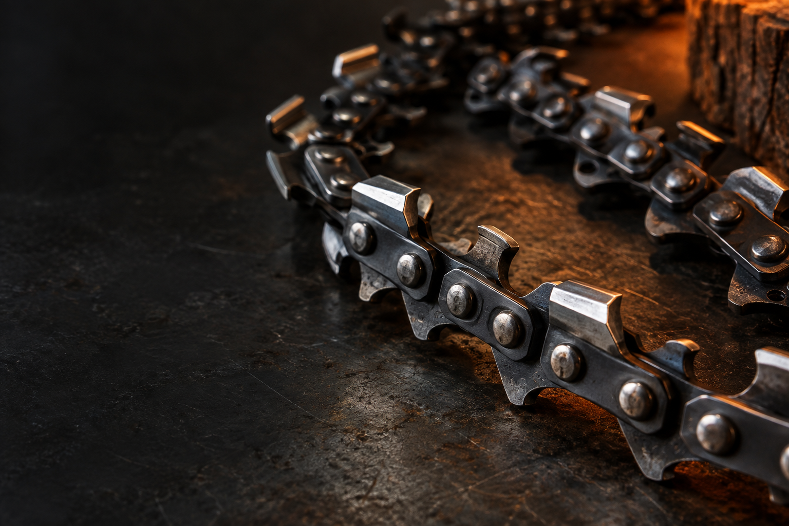 Close-up detail of chainsaw chain links