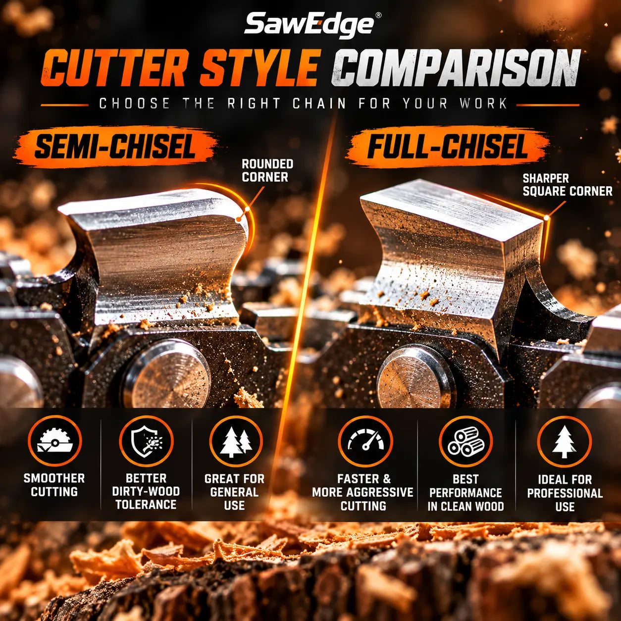 SawEdge semi-chisel vs full-chisel comparison