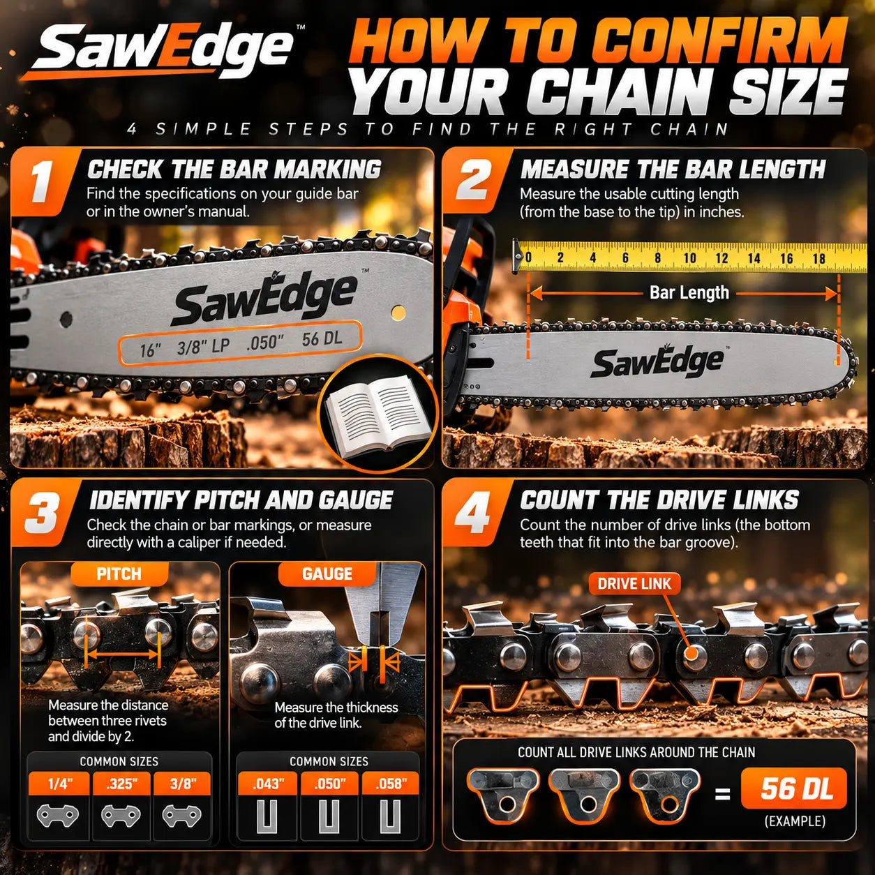 SawEdge chainsaw chain size measurement guide