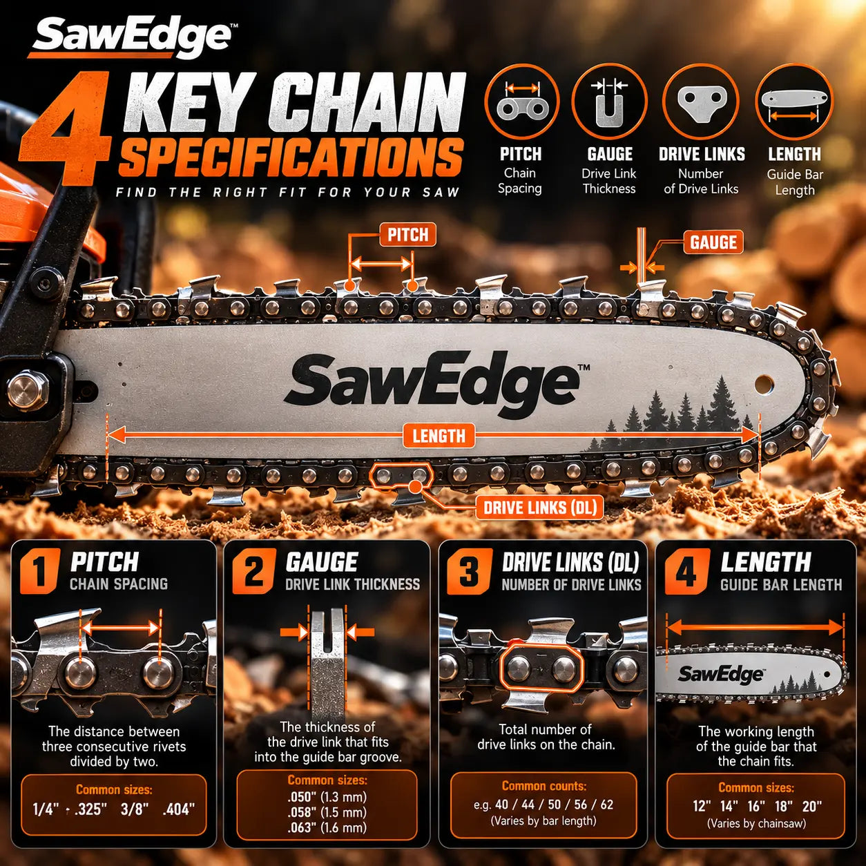 SawEdge chainsaw chain specifications guide
