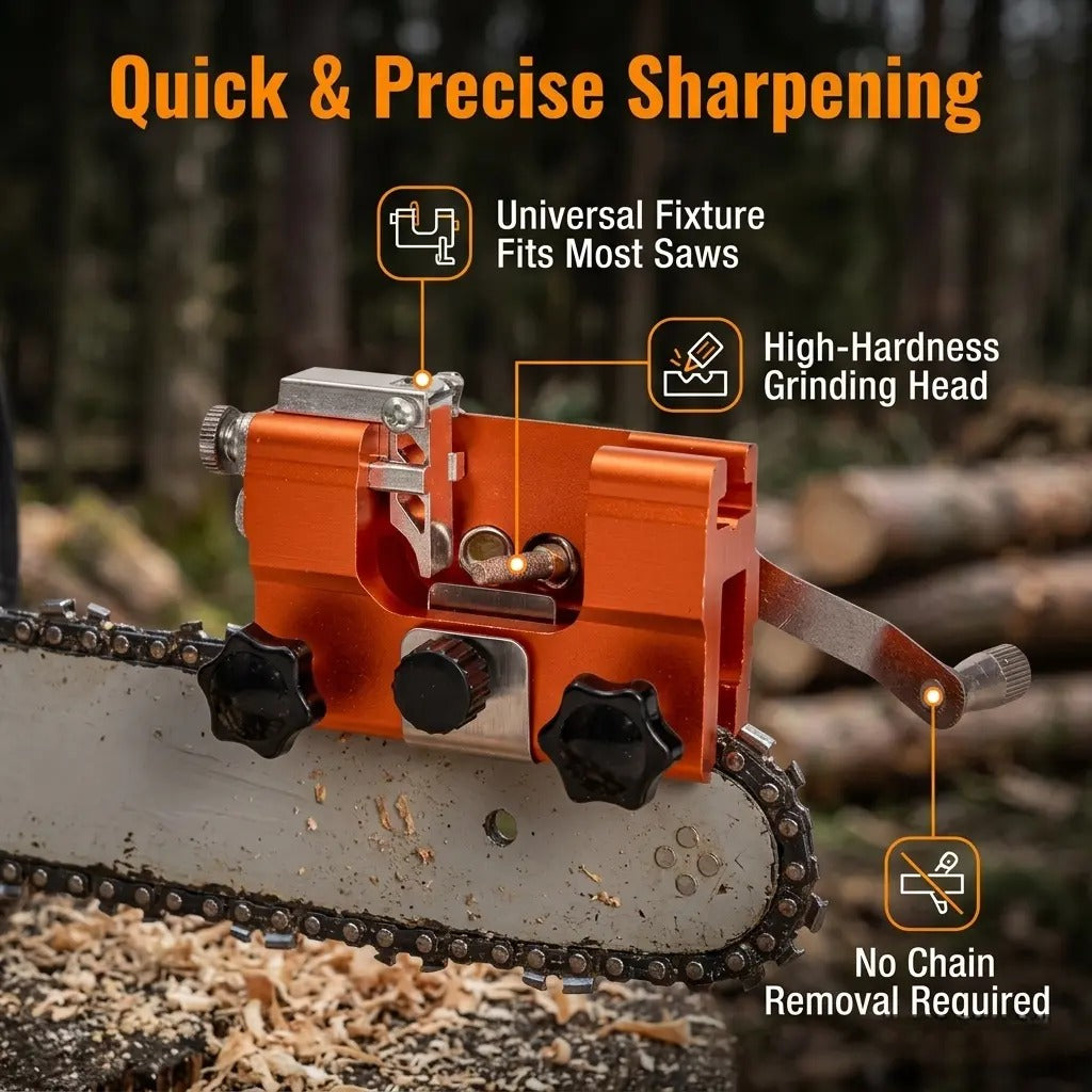 SawEdge hand-crank chainsaw sharpener mounted on guide bar