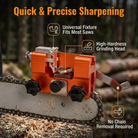 SawEdge hand-crank chainsaw sharpener mounted on guide bar