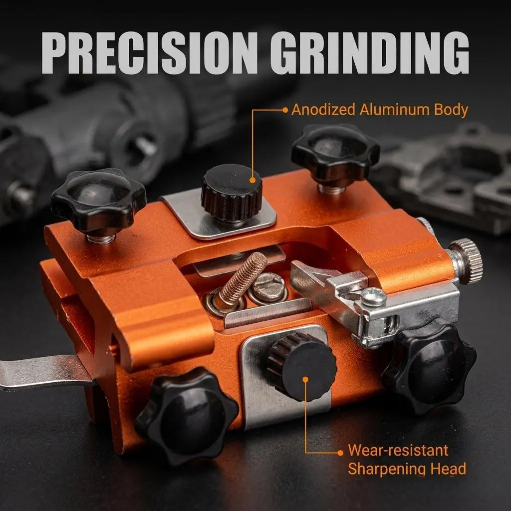 Precision grinding mechanism on hand-crank chainsaw sharpener