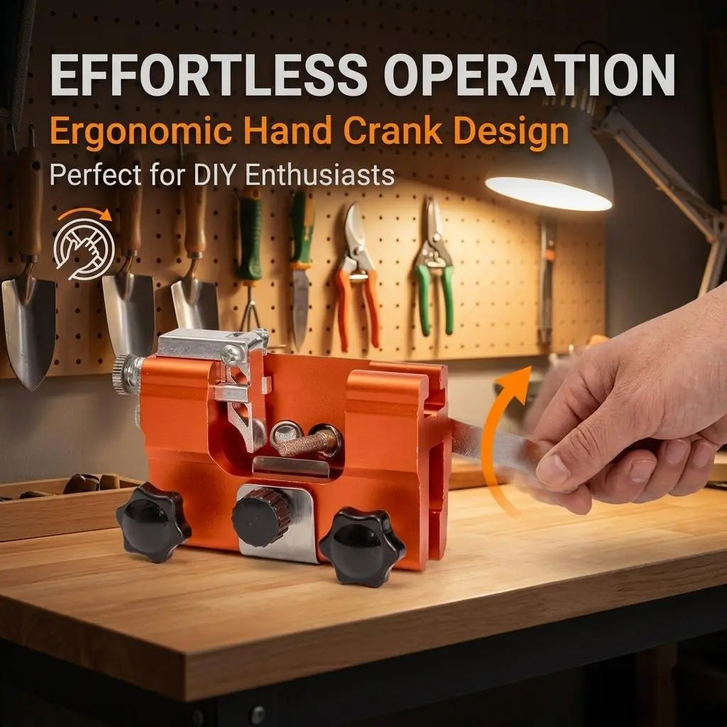 Bar-mounted chainsaw sharpener in workshop use
