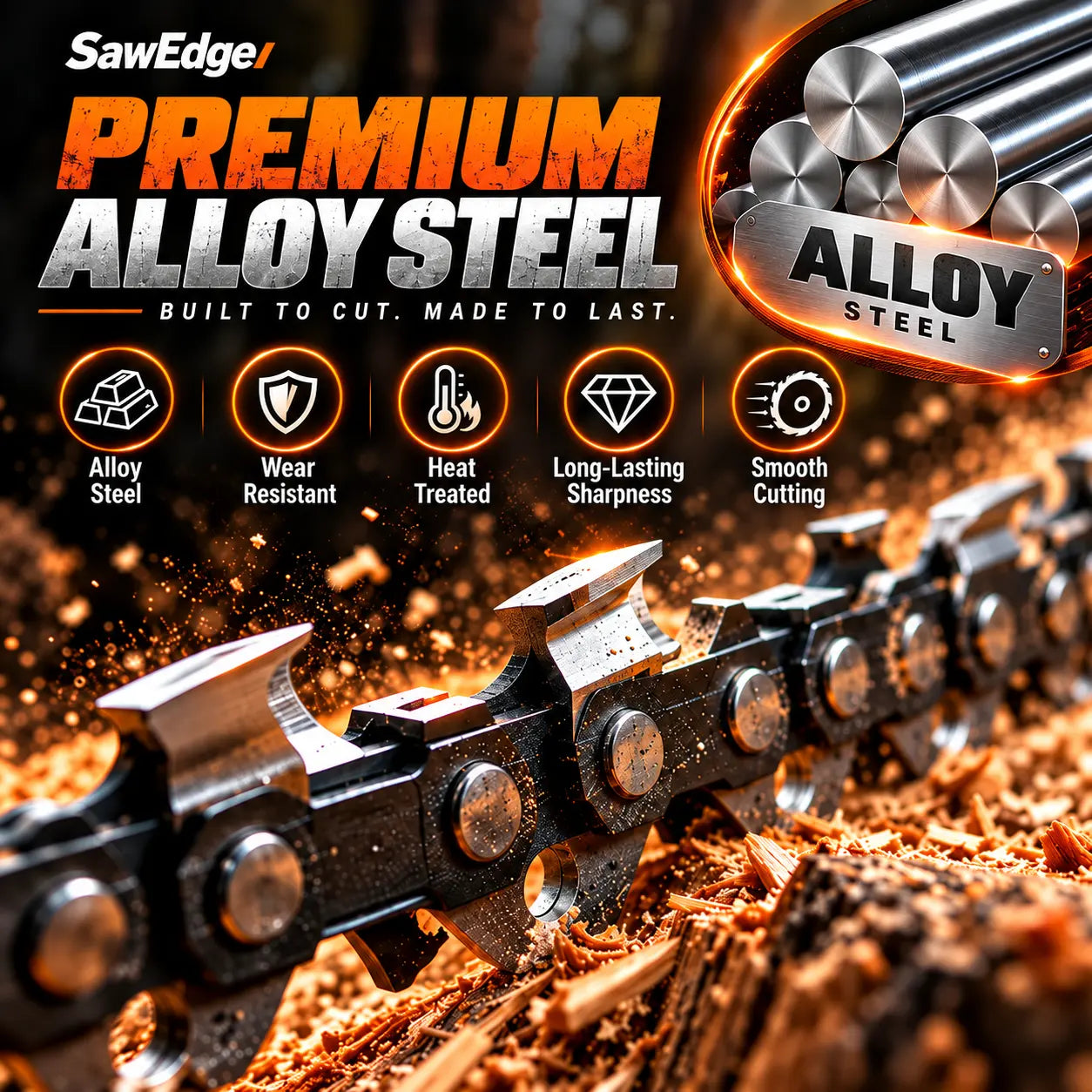 SawEdge PRO alloy steel chainsaw chain features